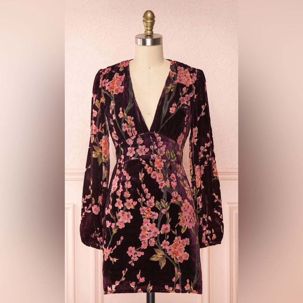 MINKPINK Velvet Burnout Mini Dress with Pink and Burgundy Floral Design NWT